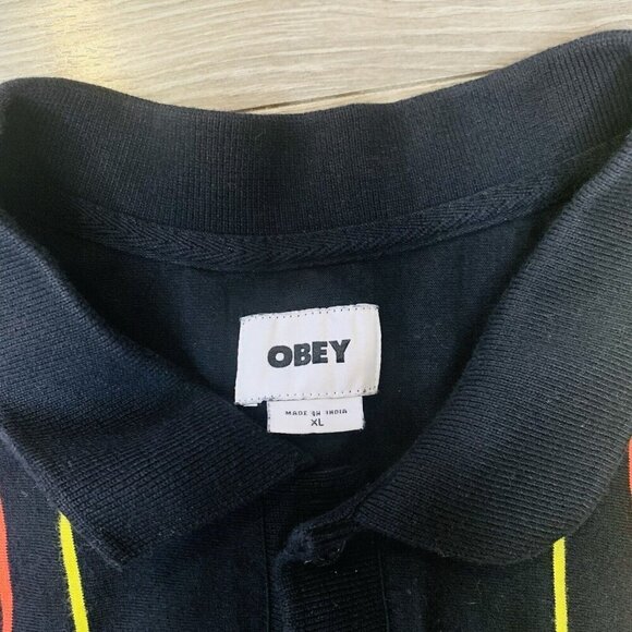 OBEY Polo Shirt Brick Lane Men’s XL Black Vertical Stripes Knitted - Picture 9 of 13
